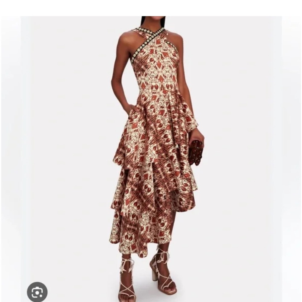 Autumn Adeigbo Brown Abstract Print Tiered Crisscross Midi Sidney Dress Size 6